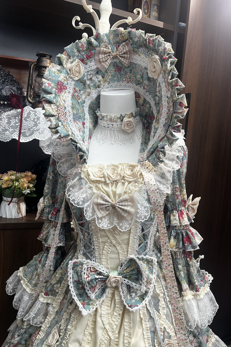 Green/Ivory Print Ruffle Bowknot Lace Classic Vintage Princess Lolita Dress - Product - 4