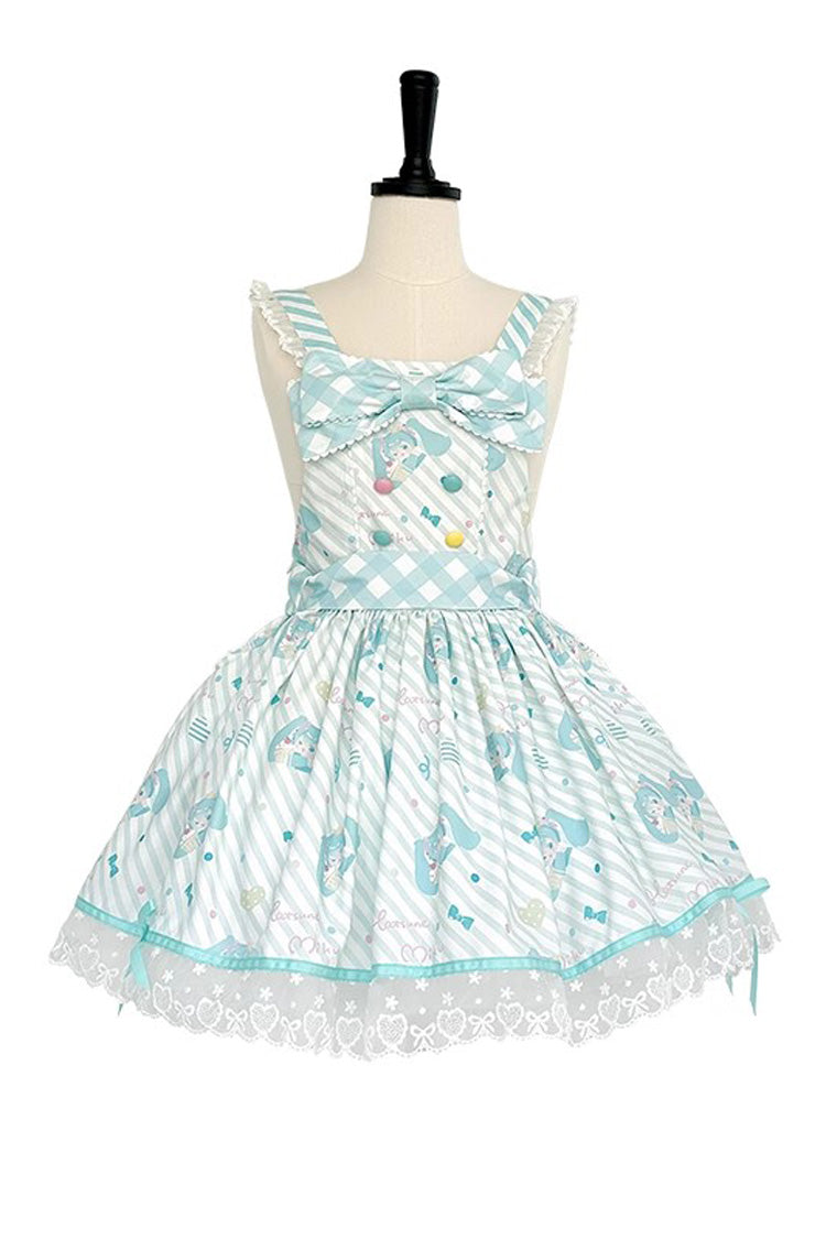 Blue [Hatsune Miku] Sleeveless Print Bowknot Lace Sweet Lolita Strap Jumper Dress - Blue - 1