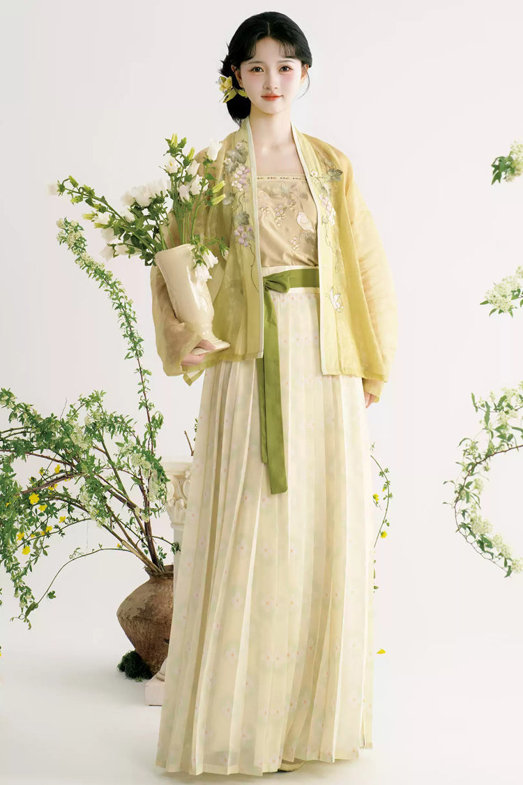 Light Green/Apricot [Grape Garden] Long Sleeves High Waisted Printed Embroidered Women's Sweet Hanfu Set - Light Green/Apricot - 1
