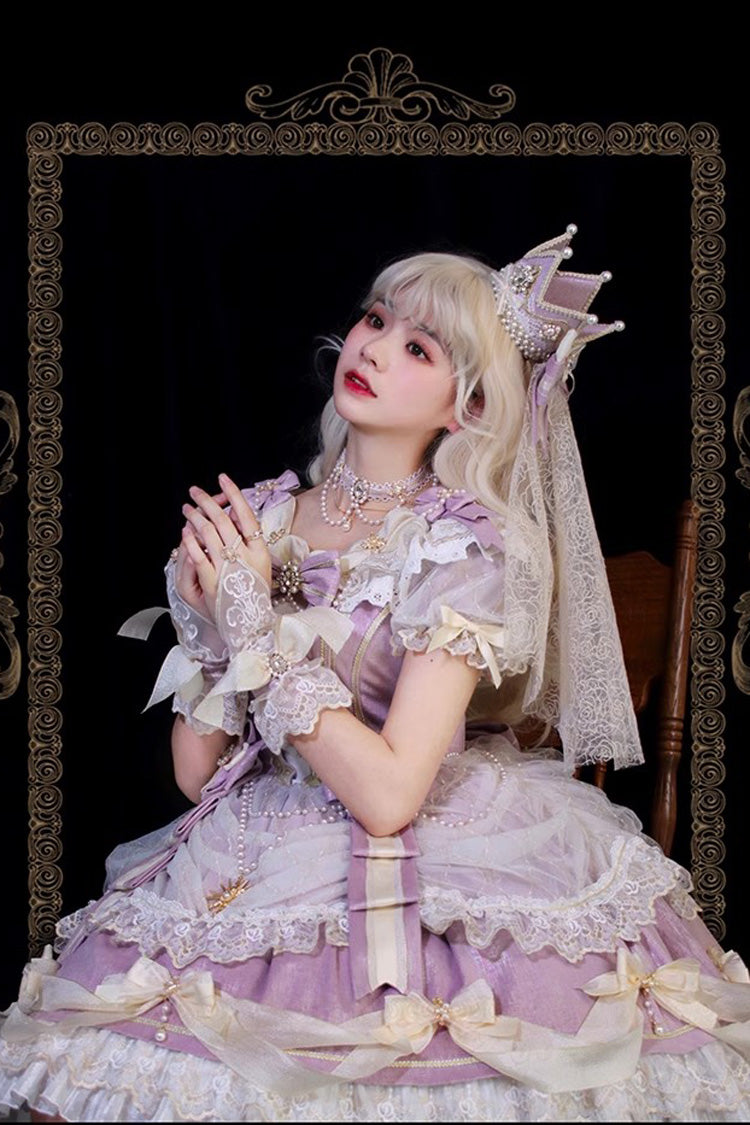 Purple [Girls' Day] Short Sleeves Multi-Layered Ruffle Bowknot Lace Sweet Lolita Dress 2 Versions - Product - 4