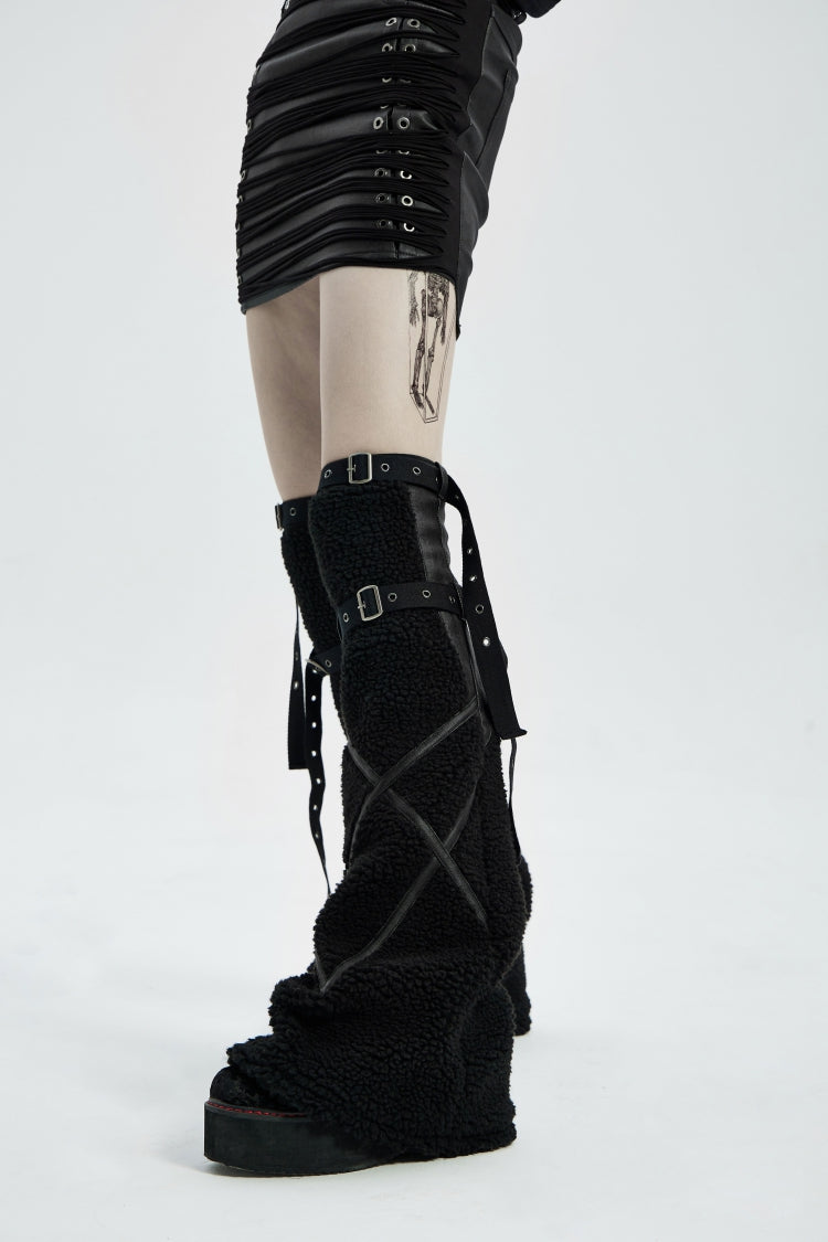 Black Spliced Buckled Eyelet Women's Punk Accessory Long Boots Sets with Adjustable Straps - Product - 3