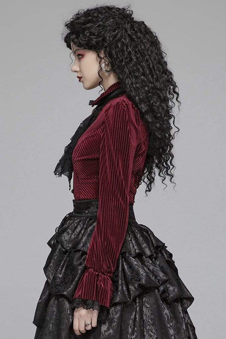 Striped Velvet Metal Retro Button Lace Cuff Back Waist Lace Up Women's Gothic Blouse - Product - 7
