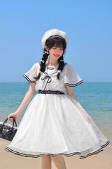 White [Seaside Sweetheart] Chiffon Navy Collar Short Sleeves Ruffled Lace-Up Slim Sailor Sweet Lolita Dress - Product - 7