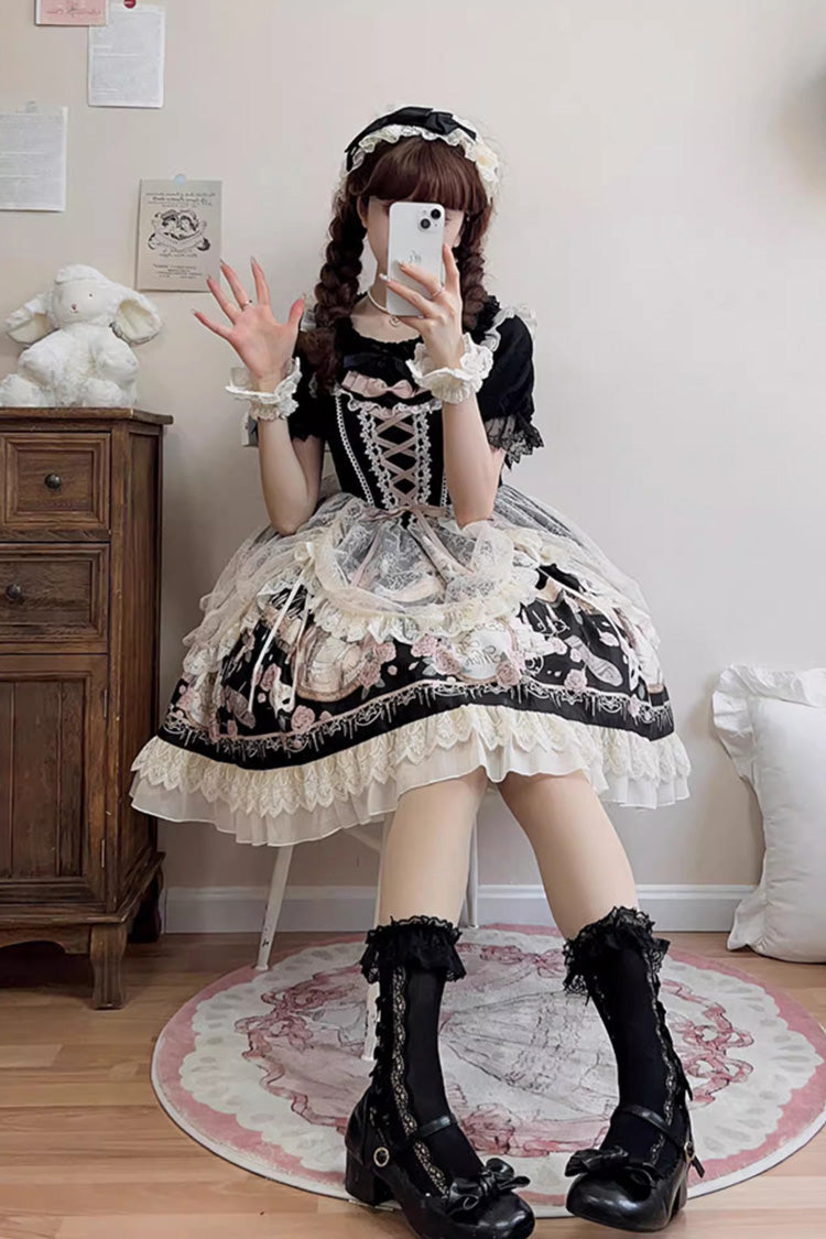 Black Sleeveless Rose Prologue Print Ruffle Bowknot Sweet Elegant Princess Lolita Jsk Dress - Product - 4