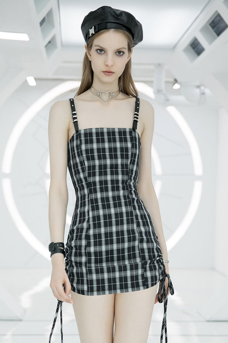 Plaid Print High Waisted Women's Punk Strap Dress 2 Colors - Black/White - 1