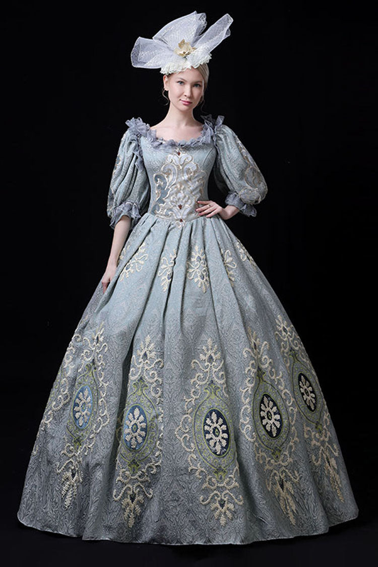 Blue Boat Neck Half Sleeves High Waisted Hollow Embroidery Floral Print Victorian Lolita Prom Dress - Product - 2