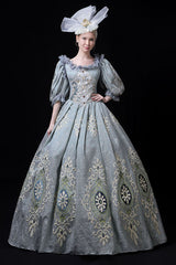 Blue Boat Neck Half Sleeves High Waisted Hollow Embroidery Floral Print Victorian Lolita Prom Dress - Product - 2