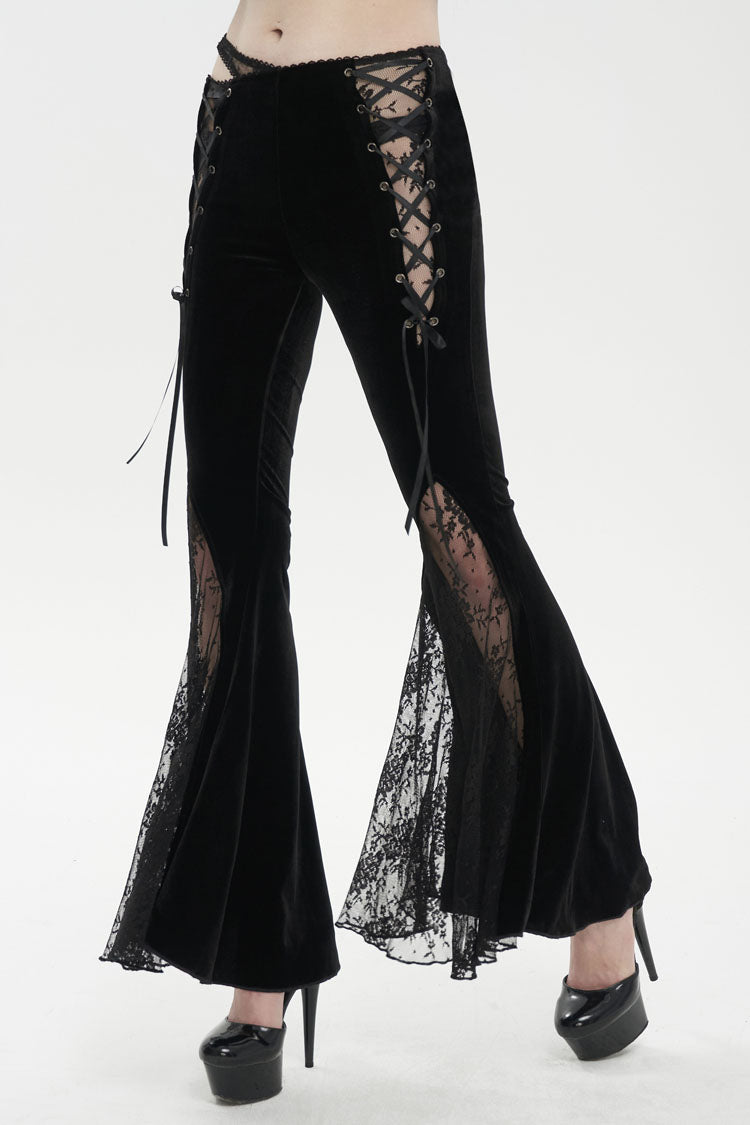 Black Velvet-Paneled Mesh Side-Adjustable Asymmetrical Women's Gothic Leggings - Product - 3