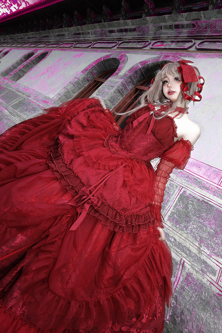 Wine Red Cross Halterneck Ruffle Bowknot Lace Lace-Up Princess Gothic Lolita Dress - Product - 3