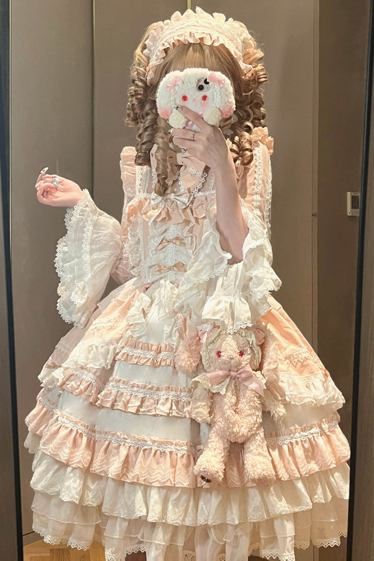 Pink Long Sleeves Multi-Layered Ruffle Bowknot Lace Sweet Lolita Dress - Product - 3