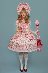 [Strawberry Cake Bouquet] Print Square Collar Short Sleeves Bowknot Lace Sweet Lolita Dress 3 Colors - Product - 9