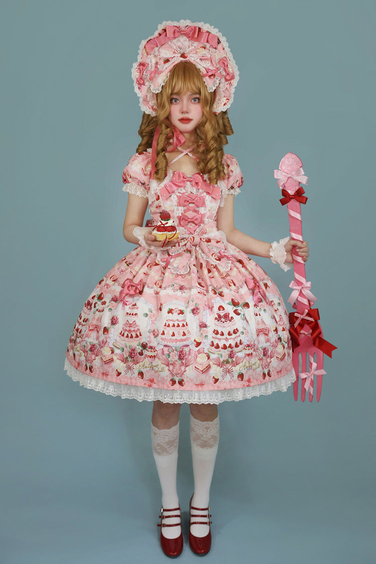 [Strawberry Cake Bouquet] Print Square Collar Short Sleeves Bowknot Lace Sweet Lolita Dress 3 Colors - Product - 9
