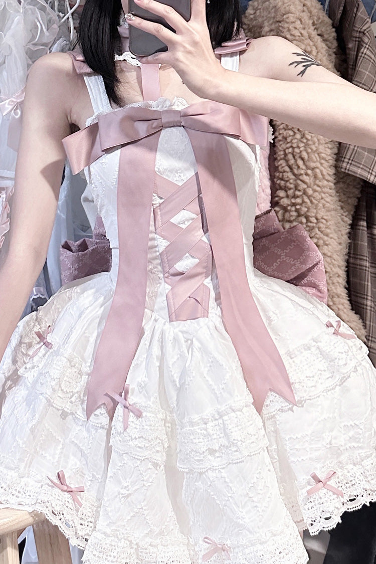 Pink/White Ribbon Embroidery Bowknot Lace-Up Sweet Elegant Princess Lolita Dress - Product - 9