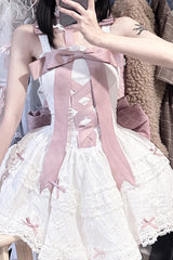 Pink/White Ribbon Embroidery Bowknot Lace-Up Sweet Elegant Princess Lolita Dress - Product - 9