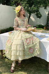 Green [Cat Rose Tea] Short Sleeves Print Ruffle Cardigan Bowknot Sweet Gorgeous Lolita Dress - Product - 12