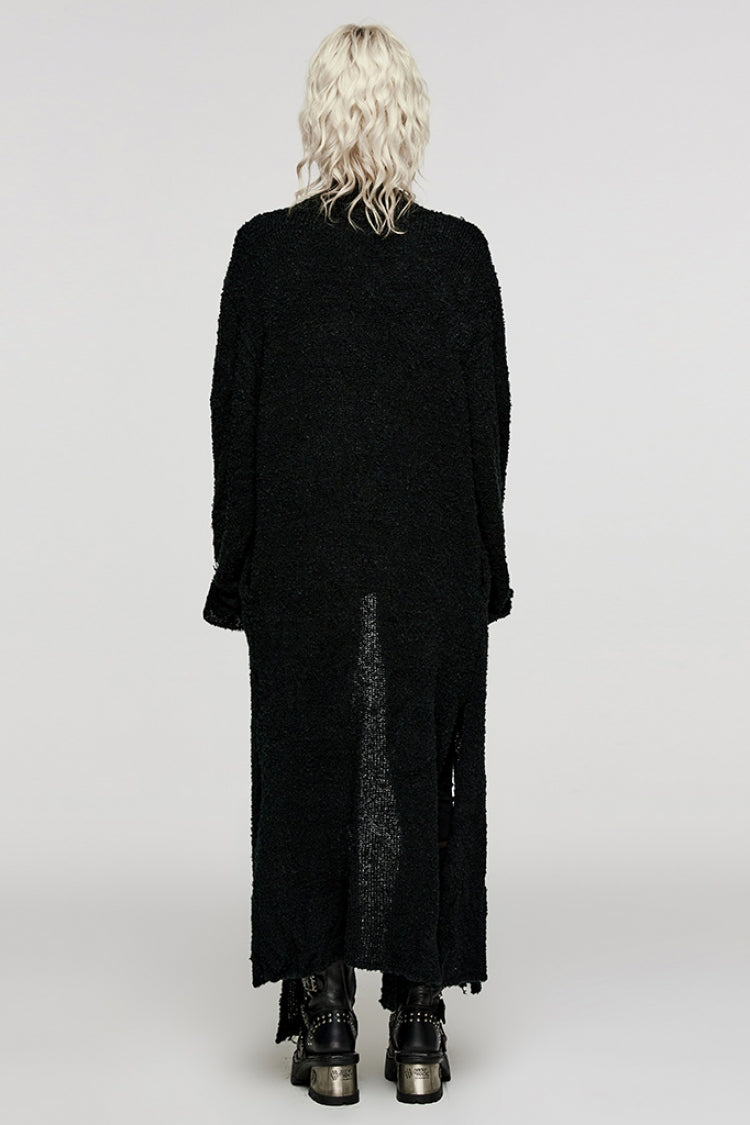 Black Lapel Collar Long Sleeves Wool Slit Hem Irregular Women's Punk Jacket - Product - 3