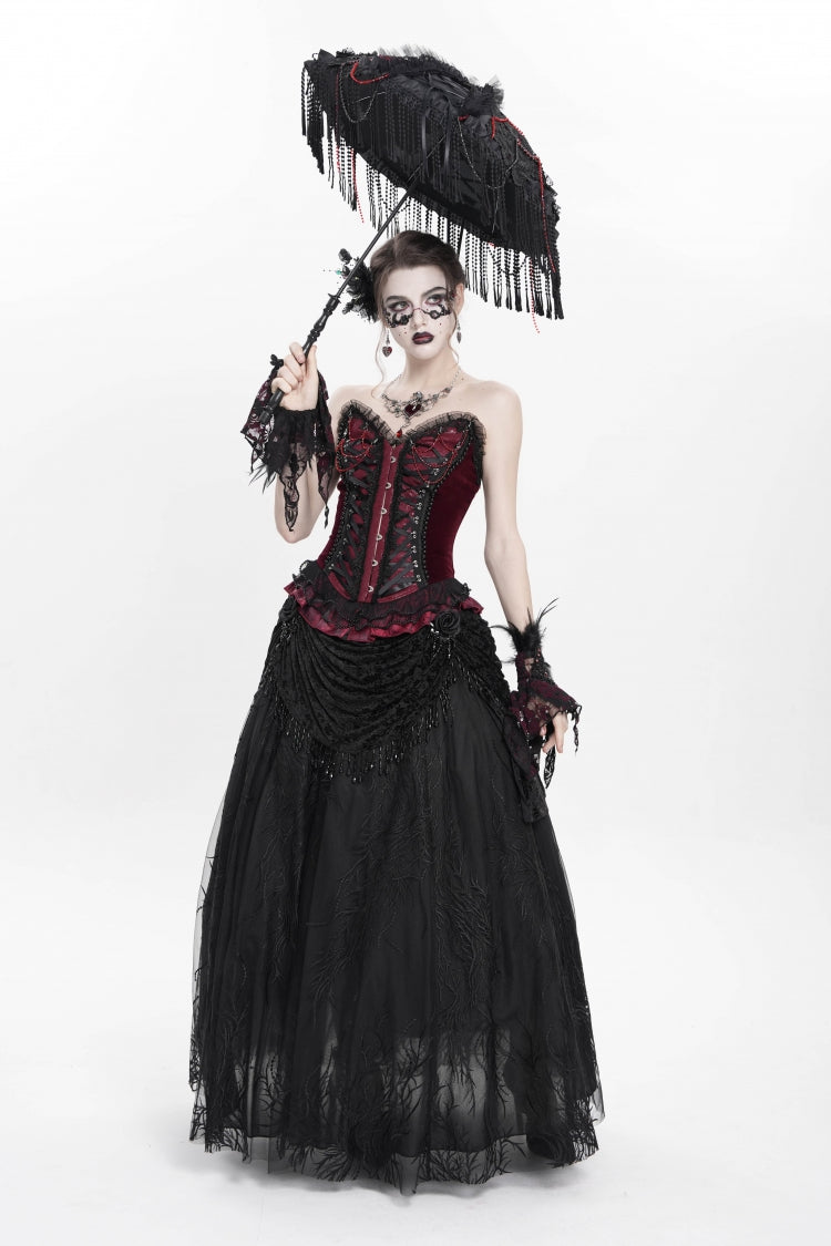 Red Sleeveless Beaded Lace Lace-Up Women's Gothic Overbust Corset - Product - 13