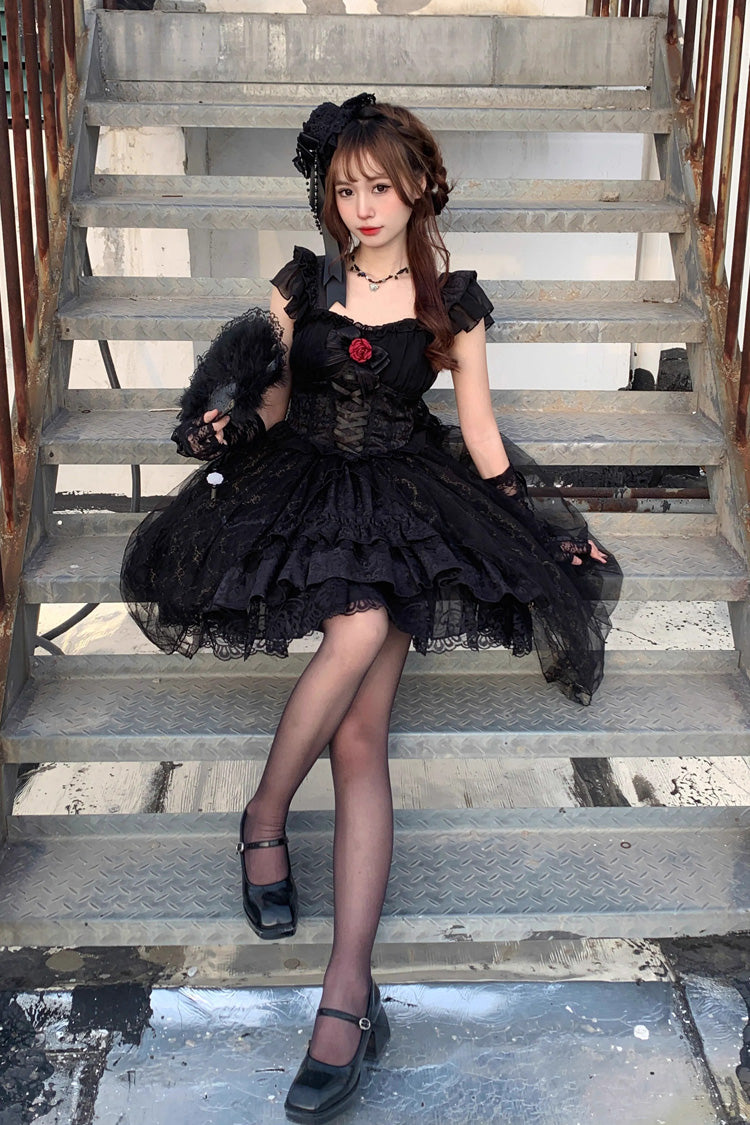 Black Short Sleeves Ruffle Rose Bowknot Elegant Princess Gothic Lolita Tiered Dress - Product - 2
