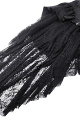 Black Stand Collar Long Trumpet Sleeves Lace Sheer Lace-Up Women's Gothic High Low Tail Coat - Product - 19