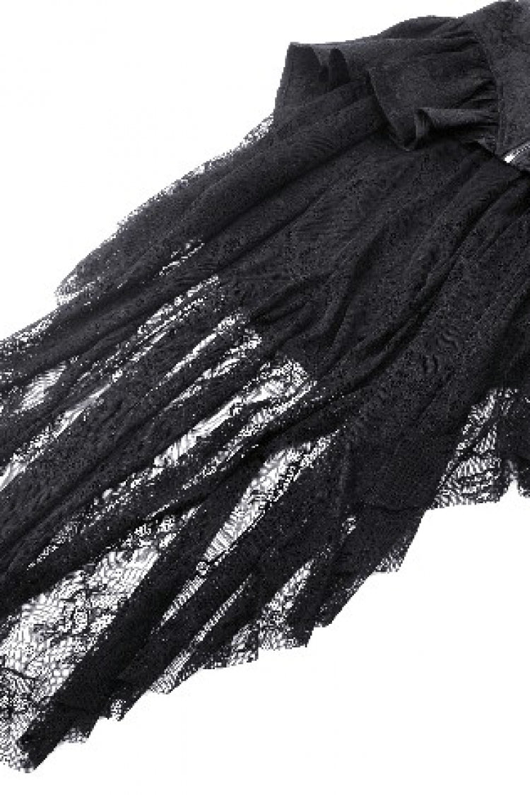 Black Stand Collar Long Trumpet Sleeves Lace Sheer Lace-Up Women's Gothic High Low Tail Coat - Product - 19