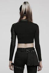 Black Gothic Super Cool Slim Fit Strap Sexy Cropped Pullover Long Sleeve Women's Polo Tee - Product - 3