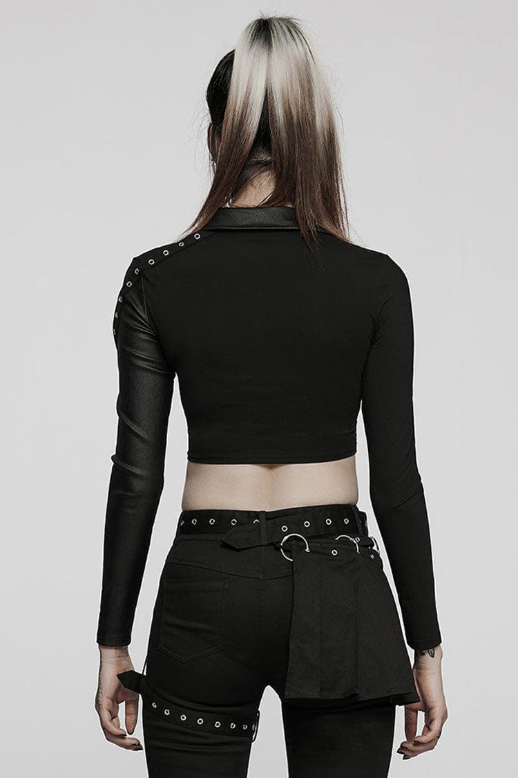 Black Gothic Super Cool Slim Fit Strap Sexy Cropped Pullover Long Sleeve Women's Polo Tee - Product - 3