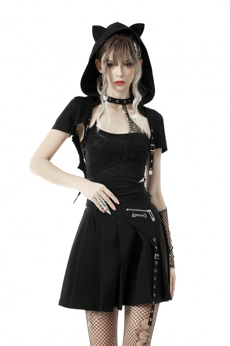 Black Short Sleeves Lace-Up Buckled Women's Punk Cat Ear Hooded Short Cape - Black - 1