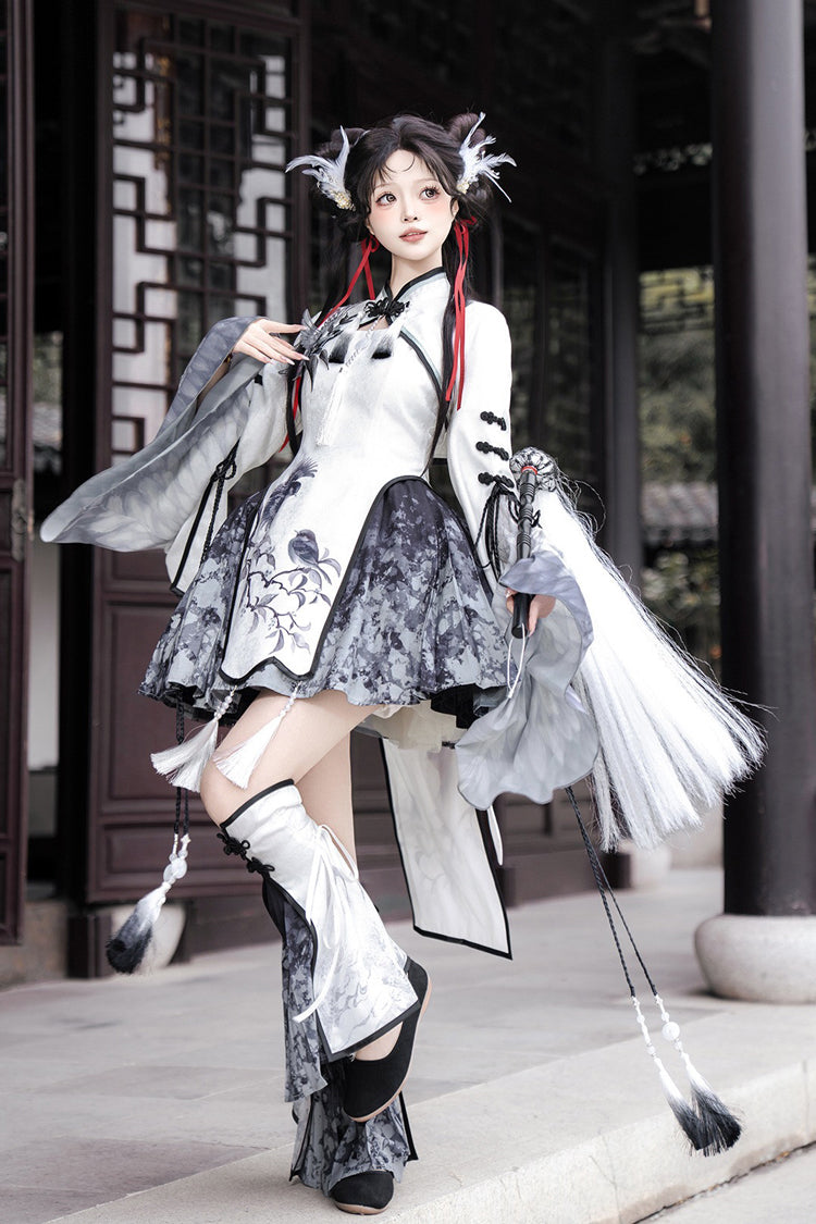 Black/White [Magpie Feather] Stand Collar Shorty High Waisted Printed Embroidered Women's Classic Hanfu Dress Set - Black/White - 1