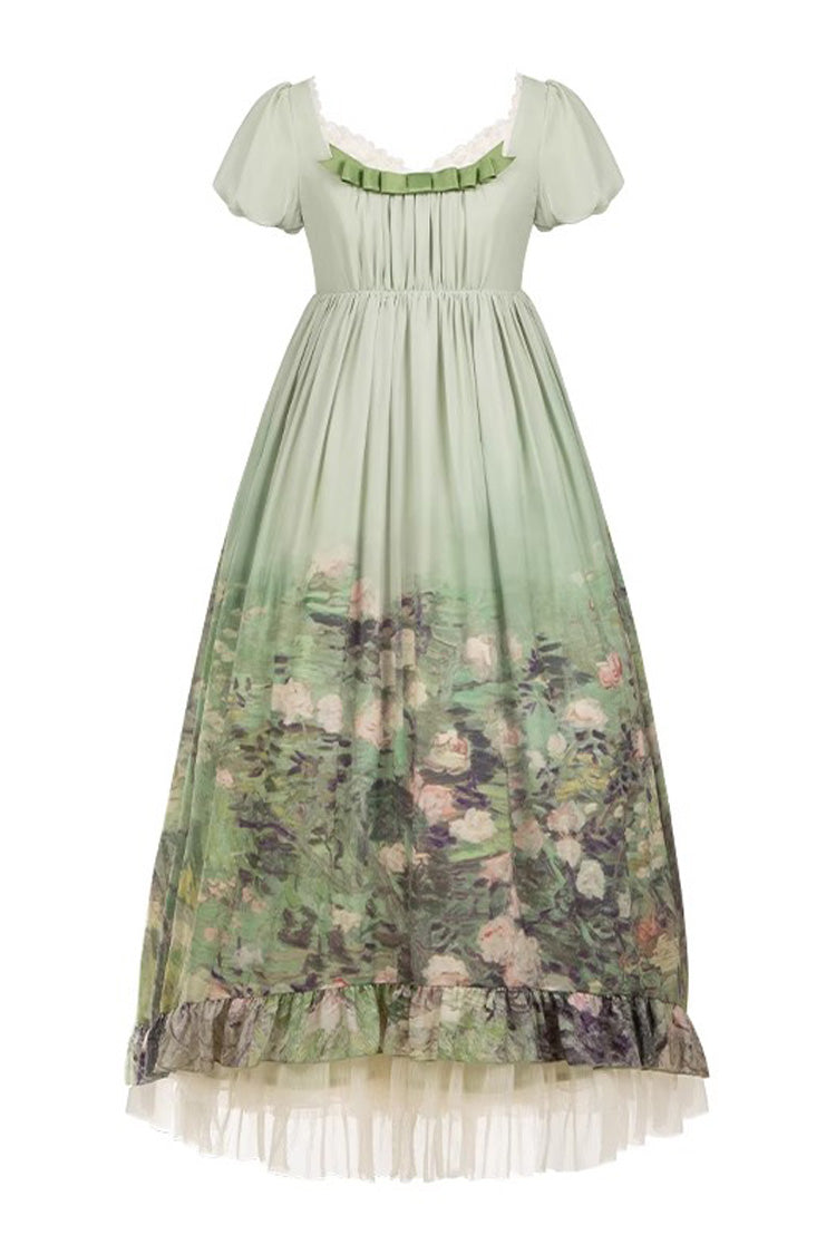 Green [Blooming Roses] Print Oil Painting Chiffon Short Sleeves Ruffle Bowknot Sweet Lolita Dress - Product - 4