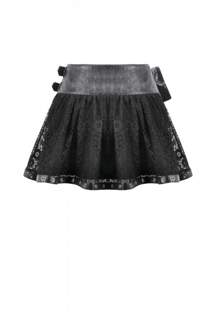 Black Chain-Decorated Eyelet Buckled Straps Lace Women's Gothic Mini Skirt - Product - 15