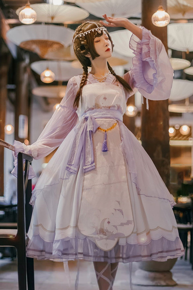 [Night and the Oriole] Print Ruffle Bowknot Lace Sweet Chinese Style Lolita Jsk Dress 2 Colors - Product - 4