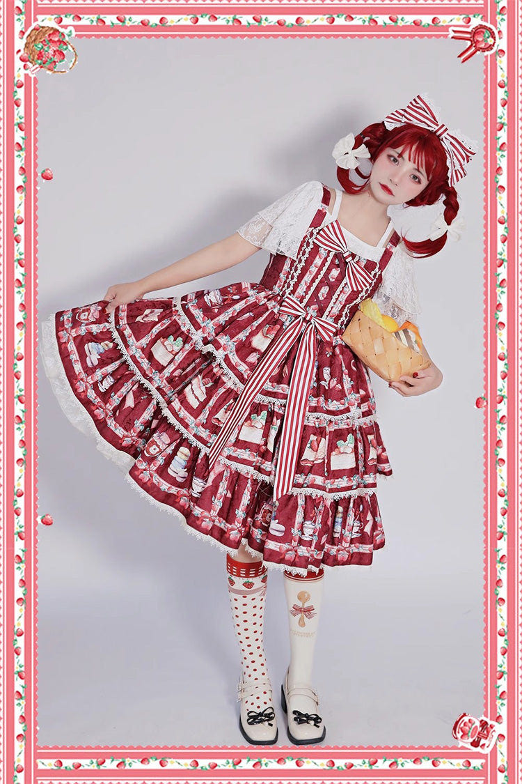 Strawberry Afternoon Tea Cake Ice Cream Print Bowknot Sleeveless Sweet Lolita Tiered Dress 3 Colors - Product - 6