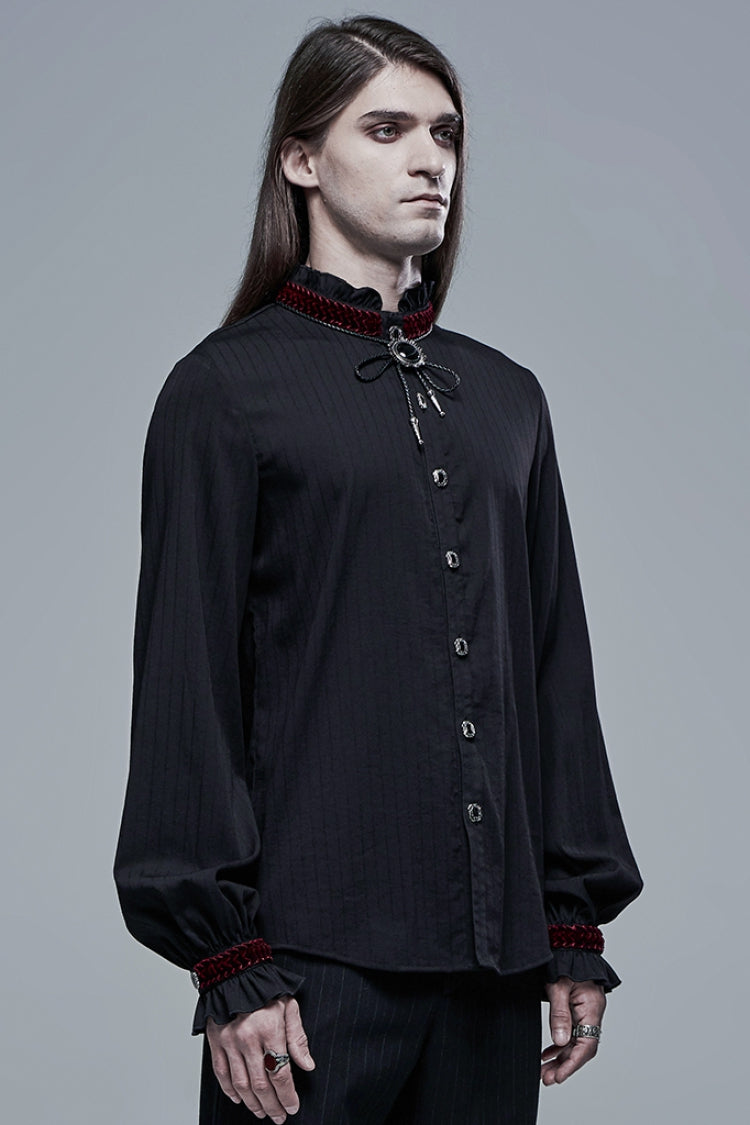 Black/Red Gothic High Collar Front Retro Metal Button Lantern Sleeve Men's Shirt - Product - 2