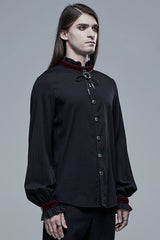 Black/Red Gothic High Collar Front Retro Metal Button Lantern Sleeve Men's Shirt - Product - 2