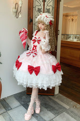 Red/Pink [Flower Dream Isle] Square Collar Multi-Layered Ruffled Bow Lace Sweet Lolita Jsk Dress - Product - 3