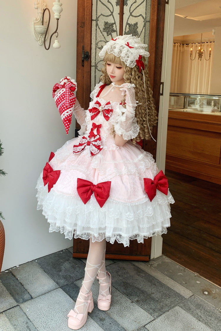 Red/Pink [Flower Dream Isle] Square Collar Multi-Layered Ruffled Bow Lace Sweet Lolita Jsk Dress - Product - 3