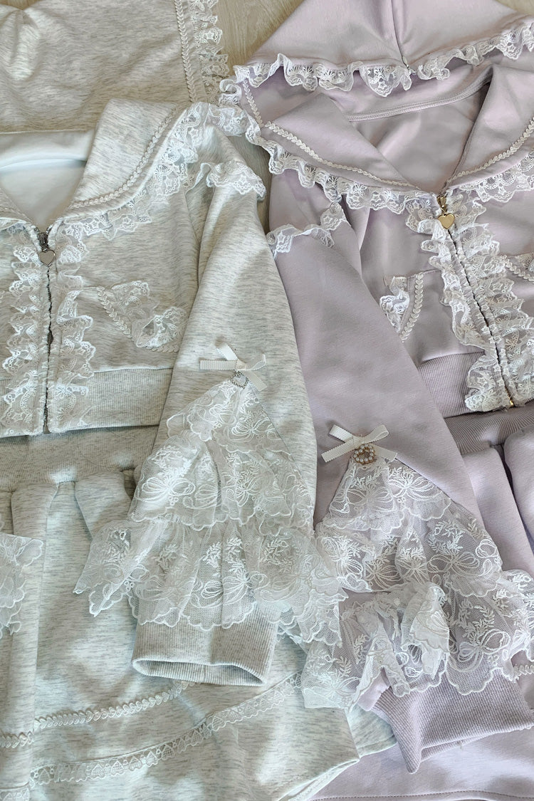 Grey [Heartbeat Rhythm] Long Sleeves Ruffle Lace Hooded Jirai Kei Japanese Skirt Set - Product - 6