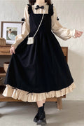Black/Apricot Japanese Long Puff Sleeves Ruffle Bowknot Sweet (Dress Only) front view