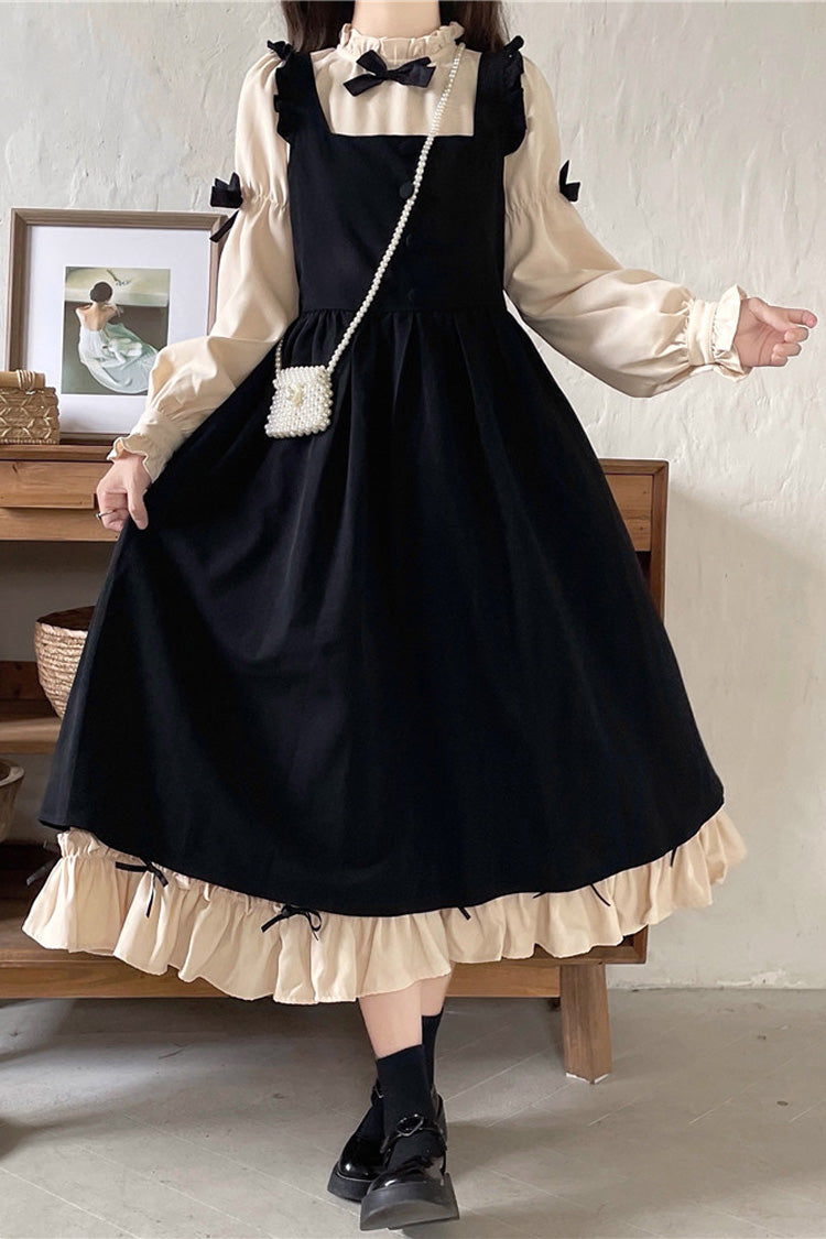 Black/Apricot Japanese Long Puff Sleeves Ruffle Bowknot Sweet Lolita Dress 2 Colors - Black/Apricot - 1