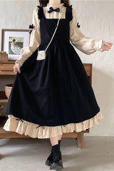 Black/Apricot Japanese Long Puff Sleeves Ruffle Bowknot Sweet Lolita Dress 2 Colors - Black/Apricot - 1