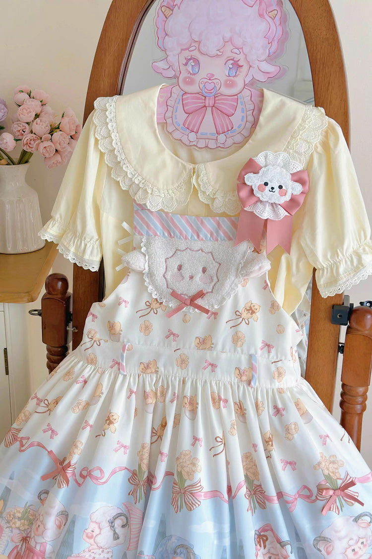 Blue/Pink Sheep Waltz Print Ruffle Bowknot Lace Sweet Lolita Strap Dress - Product - 4