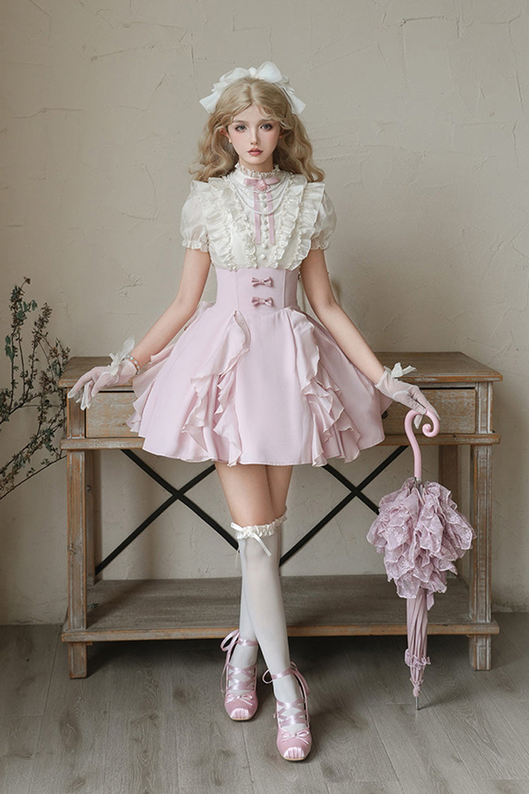 Pink/Apricot [Miss Lola] Stand Collar Short Sleeves Ruffle Bowknot Sweet Lolita Dress - Product - 2