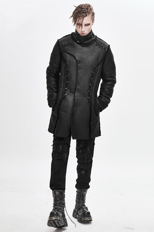 Black Winter High Collar Unedged Thick Mens Punk Coat - Product - 2