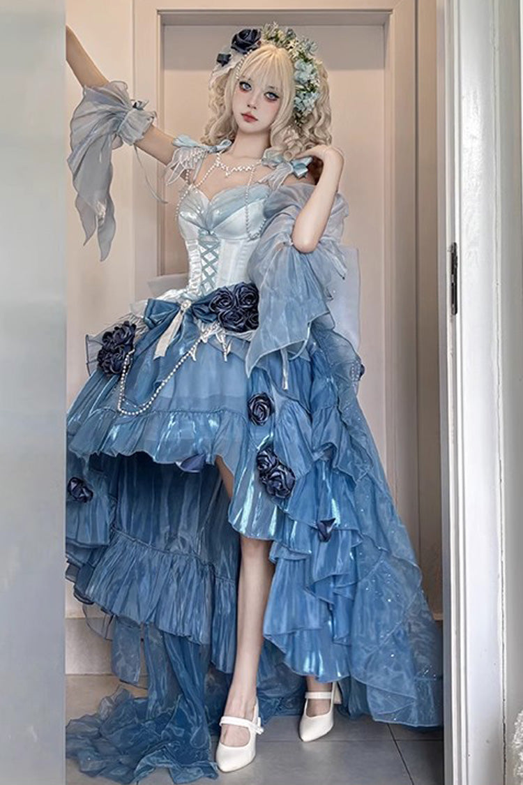 Sky Blue [Swan Wonderland] Embroidery Bowknot Lace-Up Short Front Long Back Irregular Sweet Ballet Lolita Jsk Dress - Product - 4