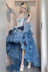 Sky Blue [Swan Wonderland] Embroidery Bowknot Lace-Up Short Front Long Back Irregular Sweet Ballet Lolita Jsk Dress - Product - 4