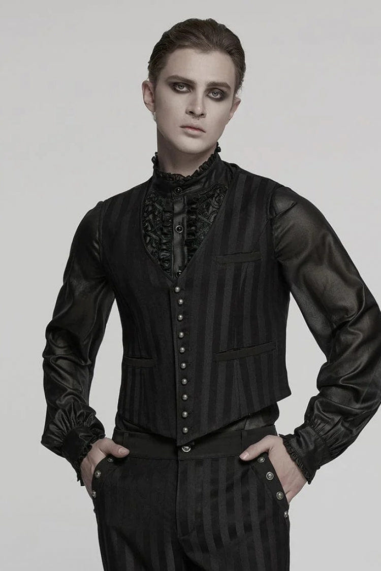 Black V Collar Sleeveless Striped Print Buckle Men's Punk Vest - Black - 1