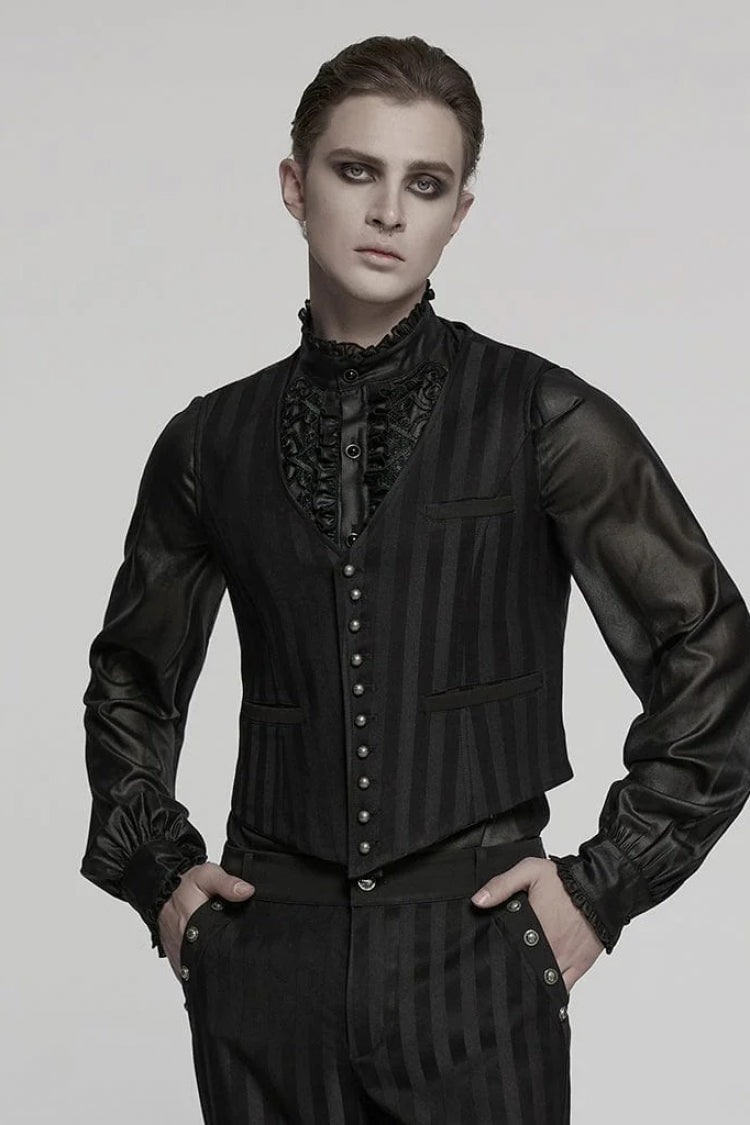 Black V Collar Sleeveless Striped Print Buckle Men's Punk Vest - Black - 1