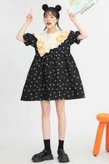 Black Ruffled Splicing Round Collar Bubble Short Sleeves Floral Print High Waisted Sweet Lolita Dress - Product - 3