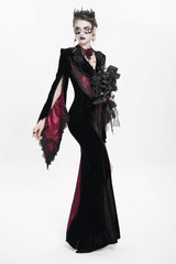 Black/Red V Collar Long Trumpet Sleeves Floral Embroidered Velvet Women's Gothic Dress - Product - 10