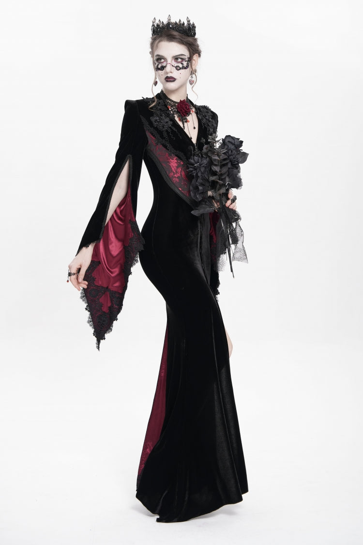 Black/Red V Collar Long Trumpet Sleeves Floral Embroidered Velvet Women's Gothic Dress - Product - 10